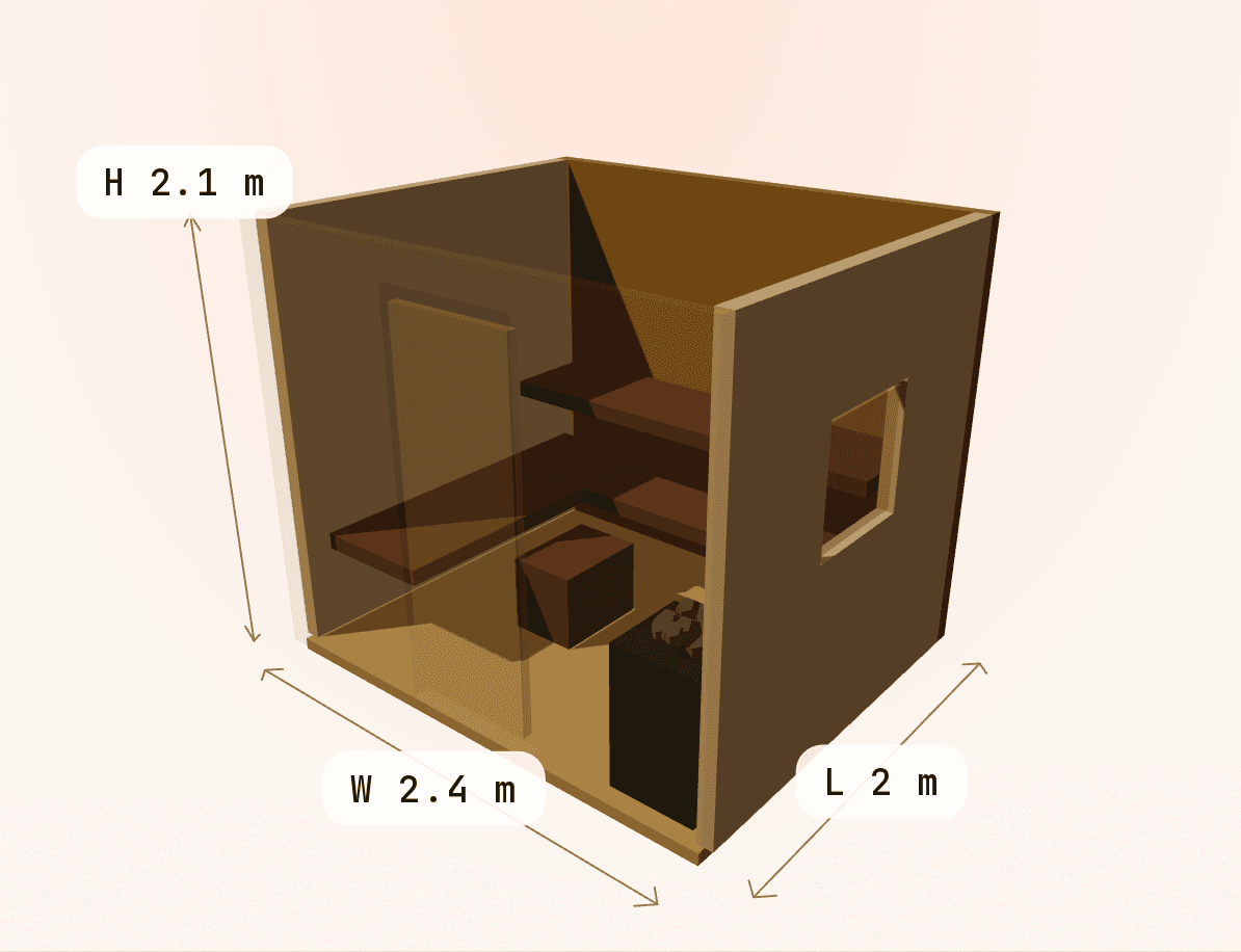 Isometric 3D preview of a sauna room with two-tier benches, heater, and dimension lines