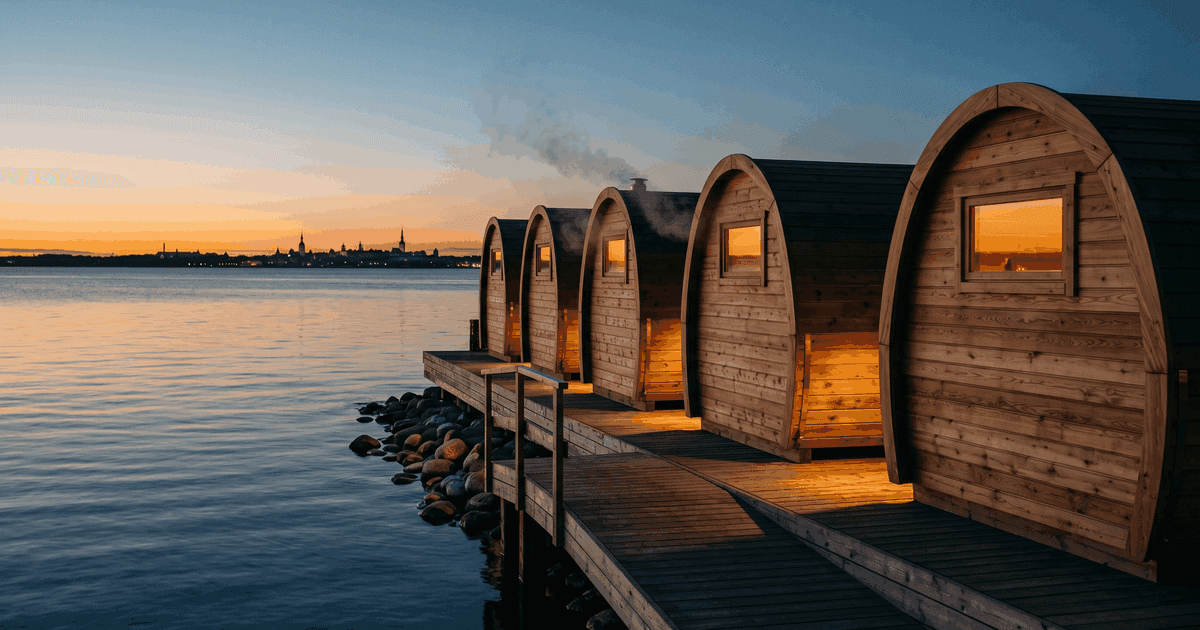Wooden igloo-shaped sauna pods lined up on the Noblessner waterfront in Tallinn at dusk, Baltic Sea behind.