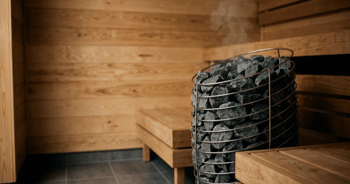 HUUM Hive floor-standing pillar sauna heater with a large open stone basket, installed in a modern wood-paneled home sauna.