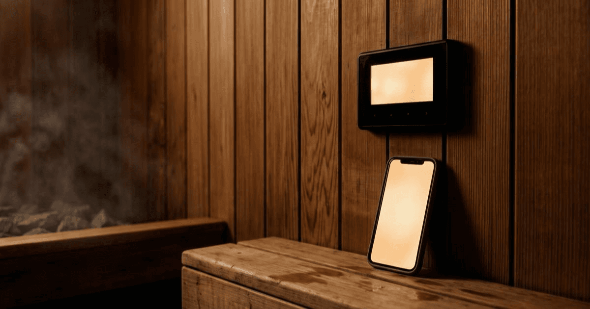 A wall-mounted sauna controller beside a smartphone scheduling a heating session in a warm home sauna.