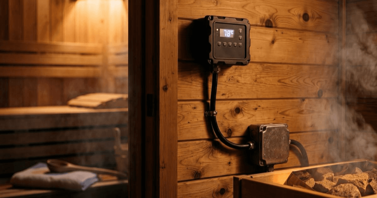 A wall-mounted sauna control panel wired to a heater's connection box, shown close-up.