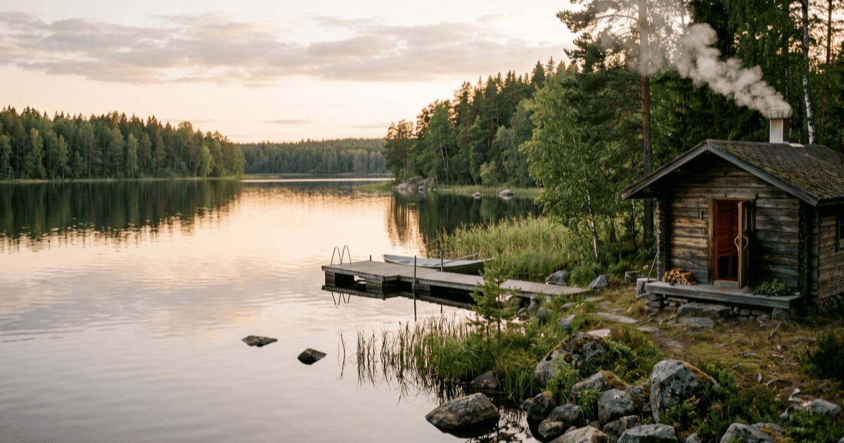 A weathered wooden lakeside sauna at a Finnish lake shore in warm evening light, steam rising from the chimney, no people.