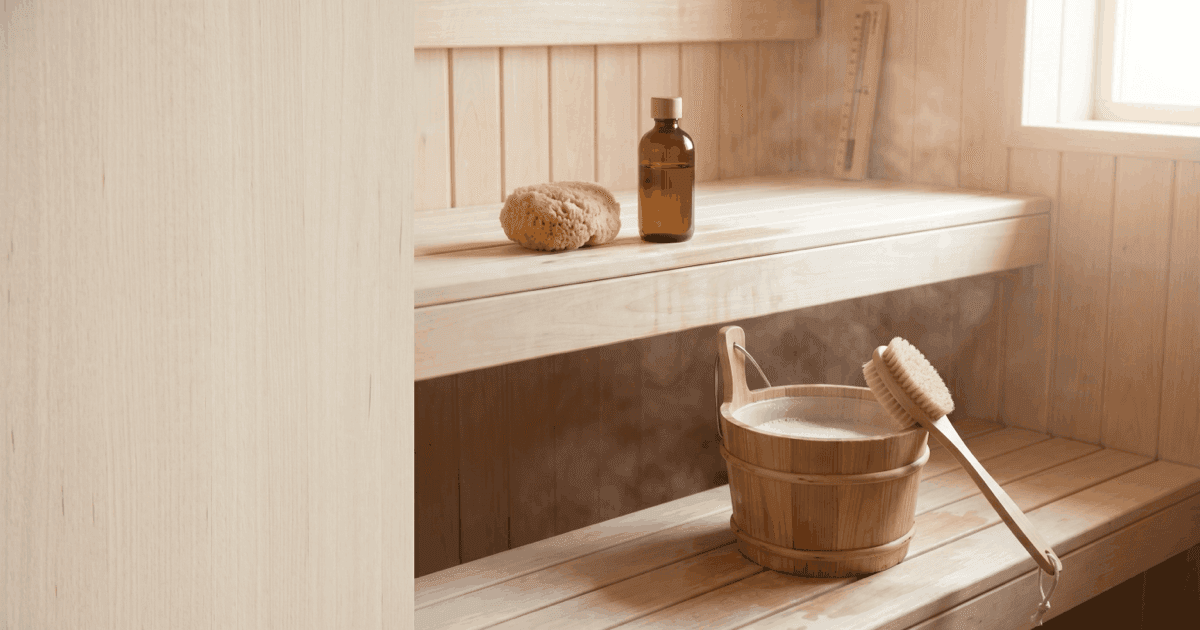 Light sauna interior with clean aspen benches, a sponge and a bottle of sauna detergent on the top tier.