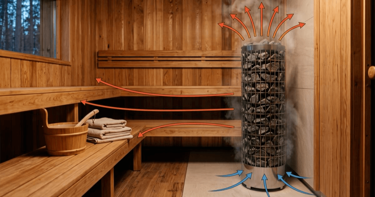 A tall column-style climate-control sauna heater circulating warm air evenly through a wood-lined sauna room.