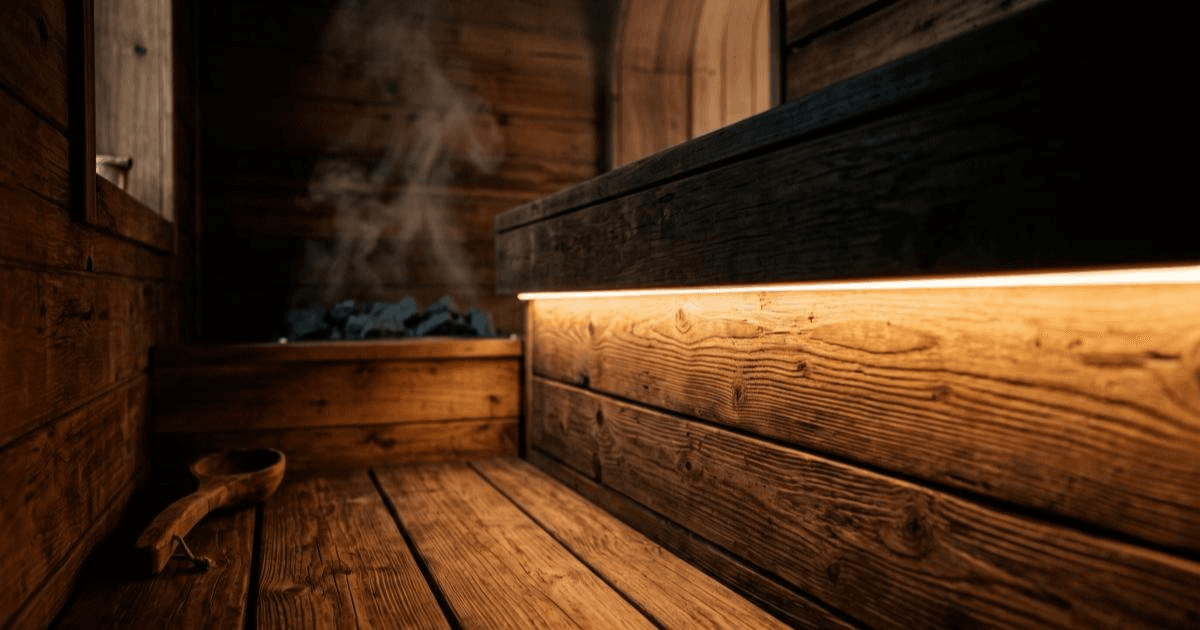 Warm LED strip glow under a sauna bench lip, wood grain visible, no faces or logos