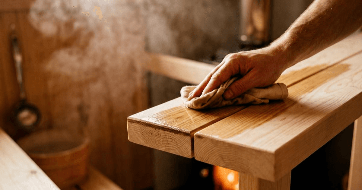 A cloth wiping a thin coat of paraffin oil along an aspen sauna bench board, end grain darkening slightly.