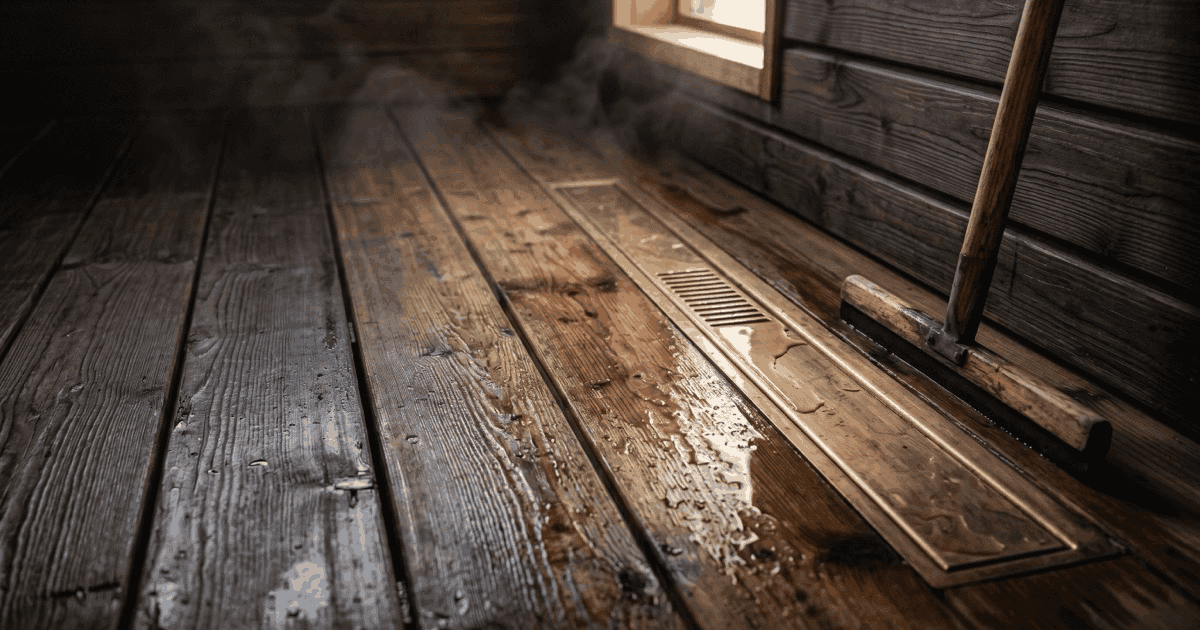 Wet sauna floor with a drain channel and squeegee in soft afternoon light, ready for a post-session reset.