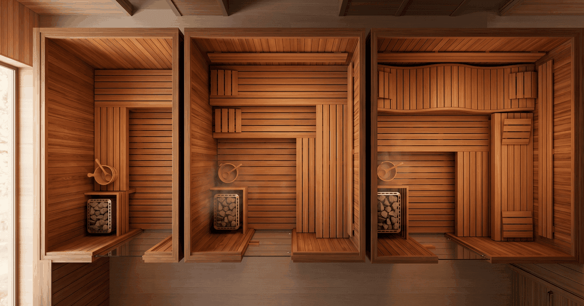 Top-down diagram of three sauna footprints: 1.5 m² minimum, 4–6 m² recommended, and 7–9 m² generous, with benches drawn in.