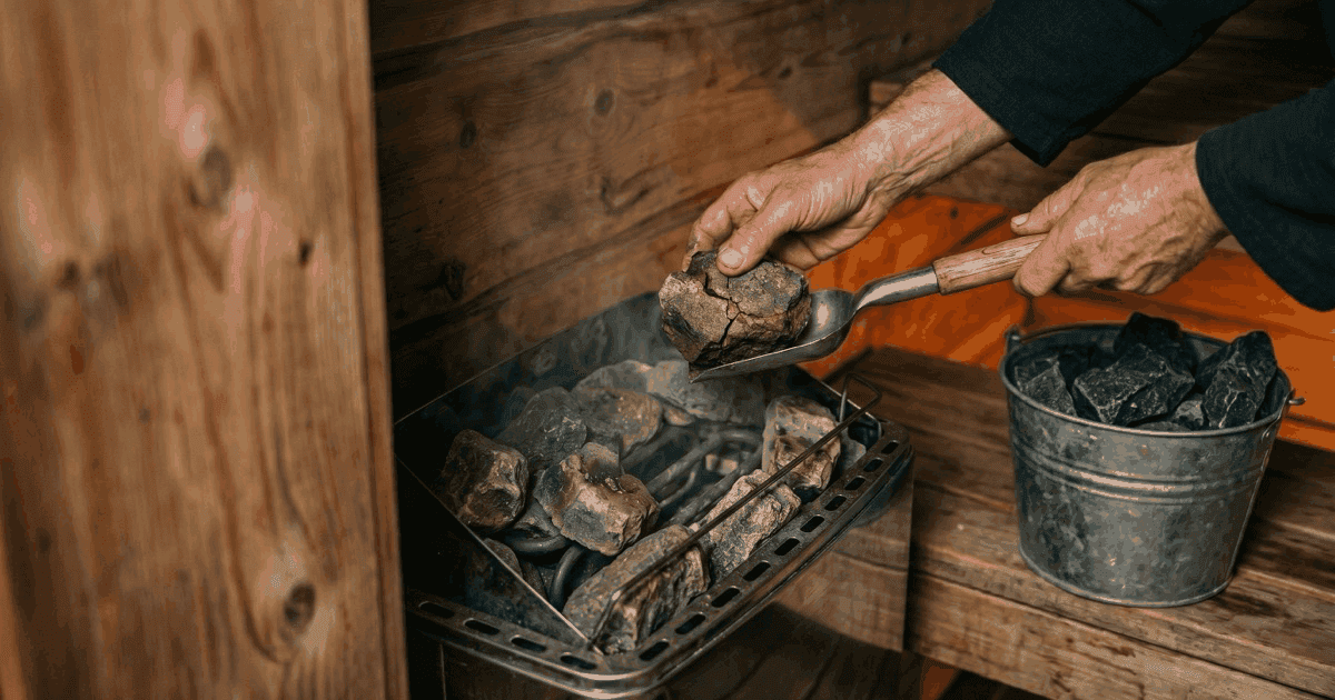 Hands lifting weathered olivine stones from an electric sauna heater, with fresh dark stones in a bucket alongside.