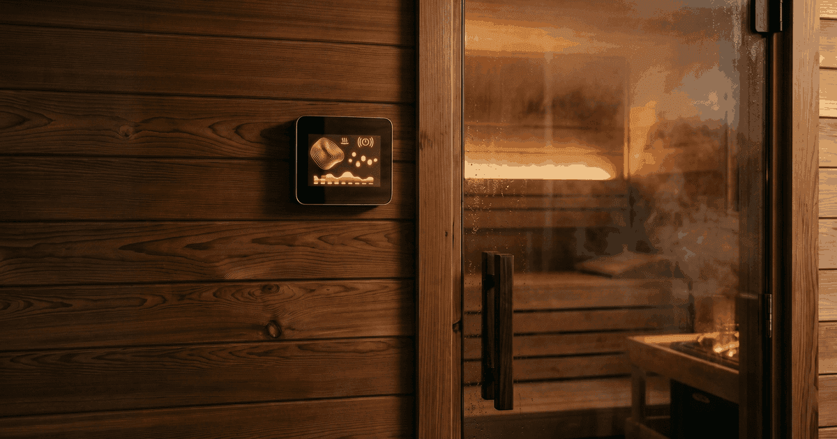 Four Wi-Fi sauna controllers — HUUM UKU, Harvia Xenio, Sentiotec home.com4, Saunum Leil — laid out for comparison.
