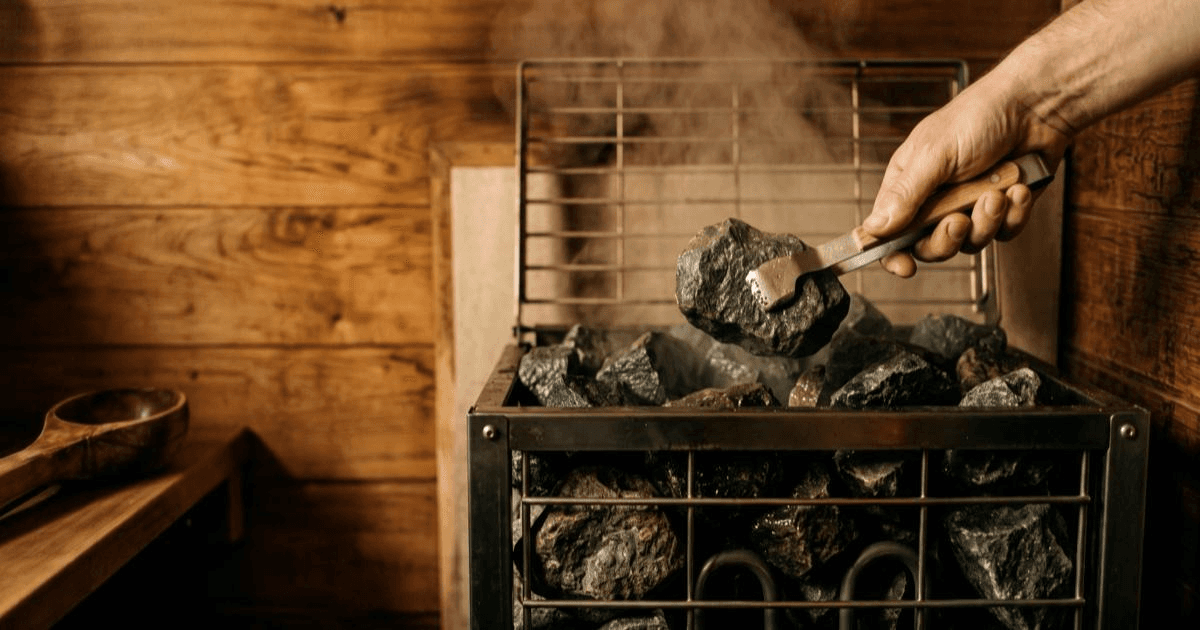 Dark olivine sauna stones being loaded loosely into an open-basket electric sauna heater, largest stones at the bottom.