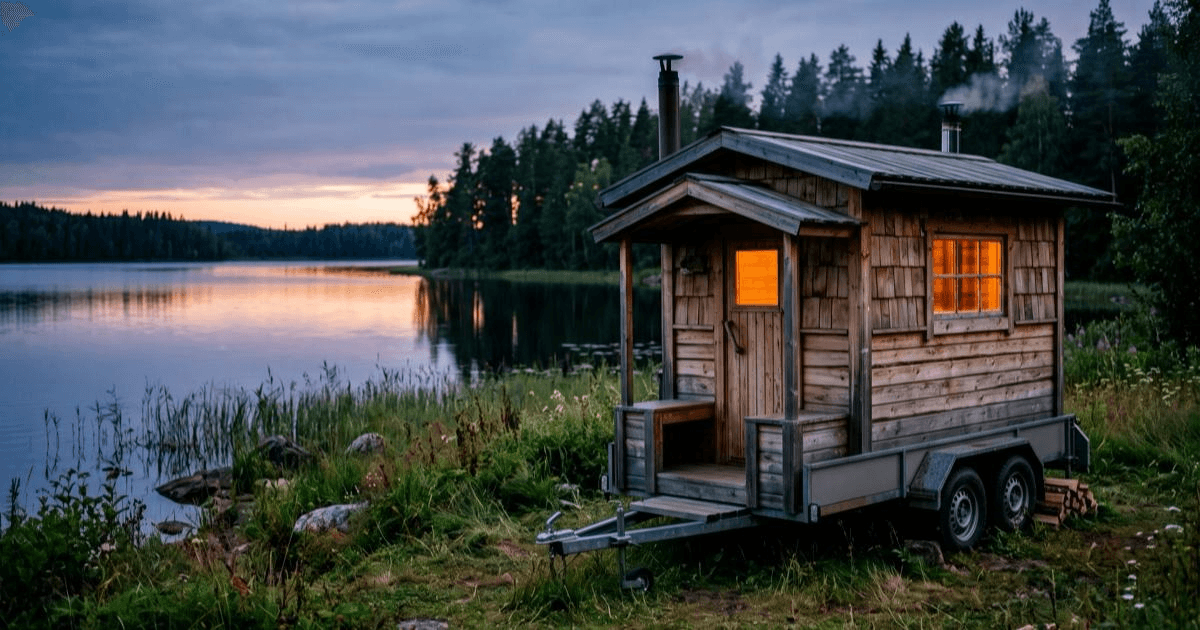 A tow-behind trailer sauna with timber walls and a metal stovepipe, parked on grass beside a lake at dusk, no people.