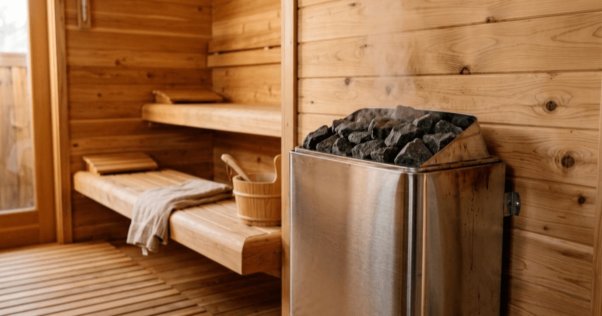 A wall-mounted stainless Tylö sauna heater topped with stones inside a bright wood-panelled home sauna cabin.