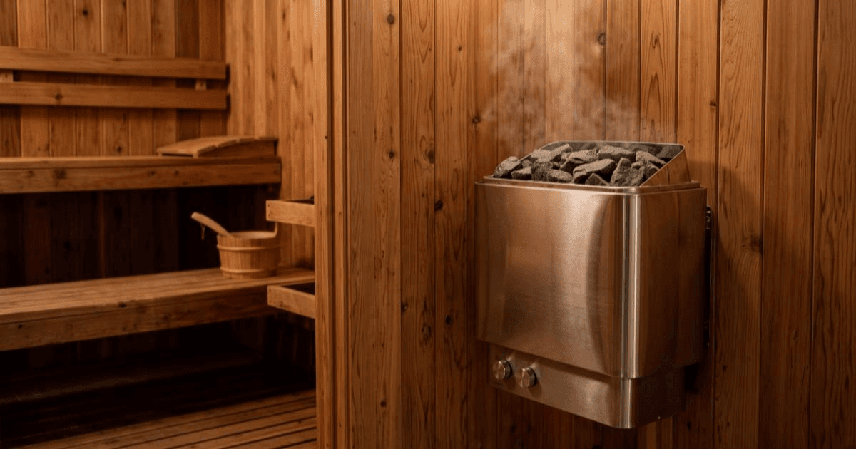 A wall-mounted stainless combi sauna heater with a top layer of stones inside a finished wood-panelled home sauna cabin.
